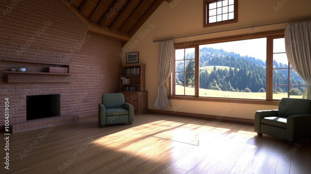 Naklejka premium This living room features two minimalist chairs placed elegantly, with a sleek floating shelf on a brick wall, bathed in soft, natural light streaming through the windows