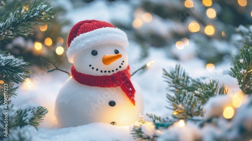 Snowman in a Red Hat and Scarf with Christmas Lights