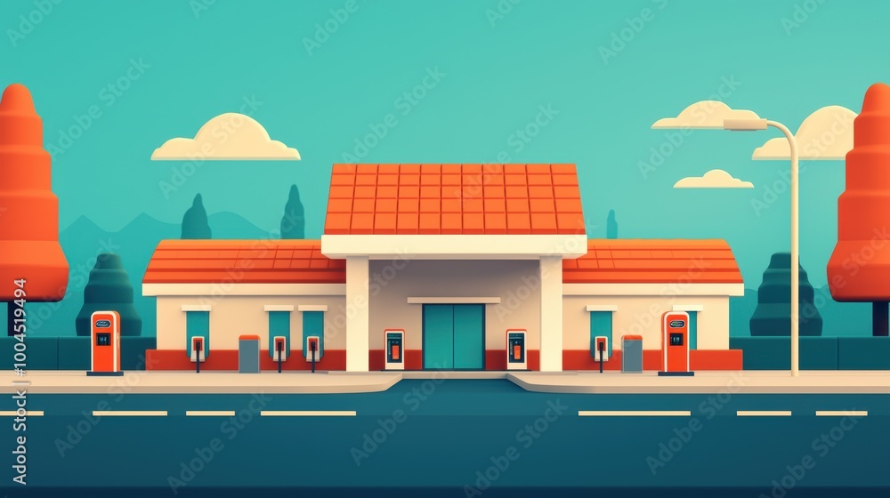 Fototapeta premium Colorful Retro Gas Station with Landscape Background