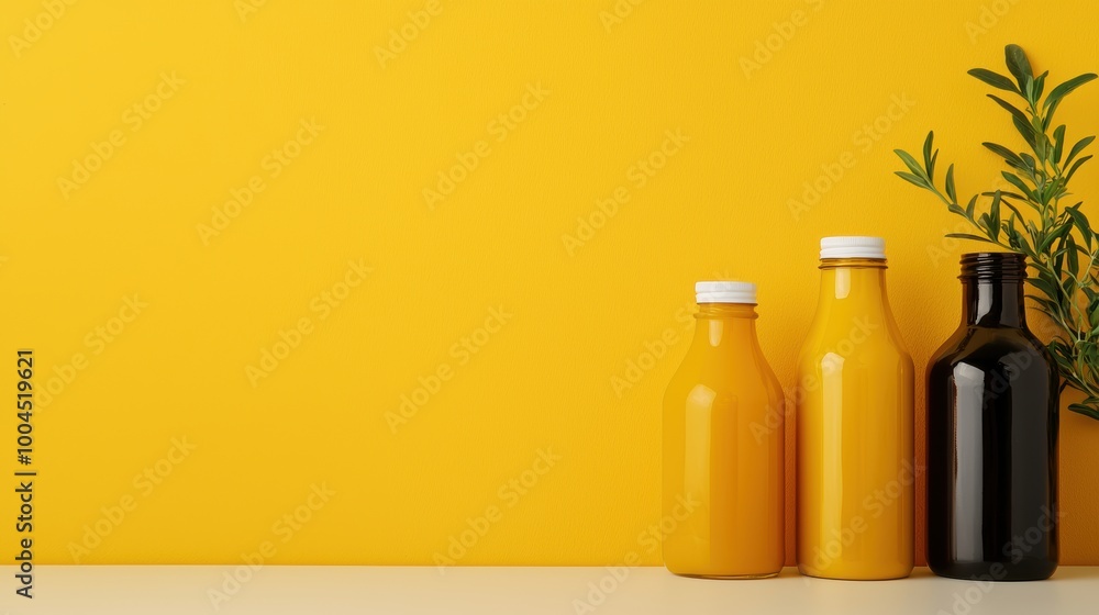 Vibrant Bottles Against Bold Yellow Background Vibrant Bottles Against Bold Yellow Background