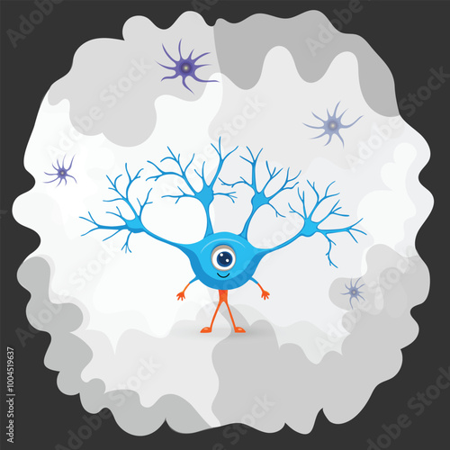 Funny one-eye nerd neuron cartoon character standing inside brain cell with glia cells flying around. Concept of brain functioning. Abstract illustration of human brain neuron.