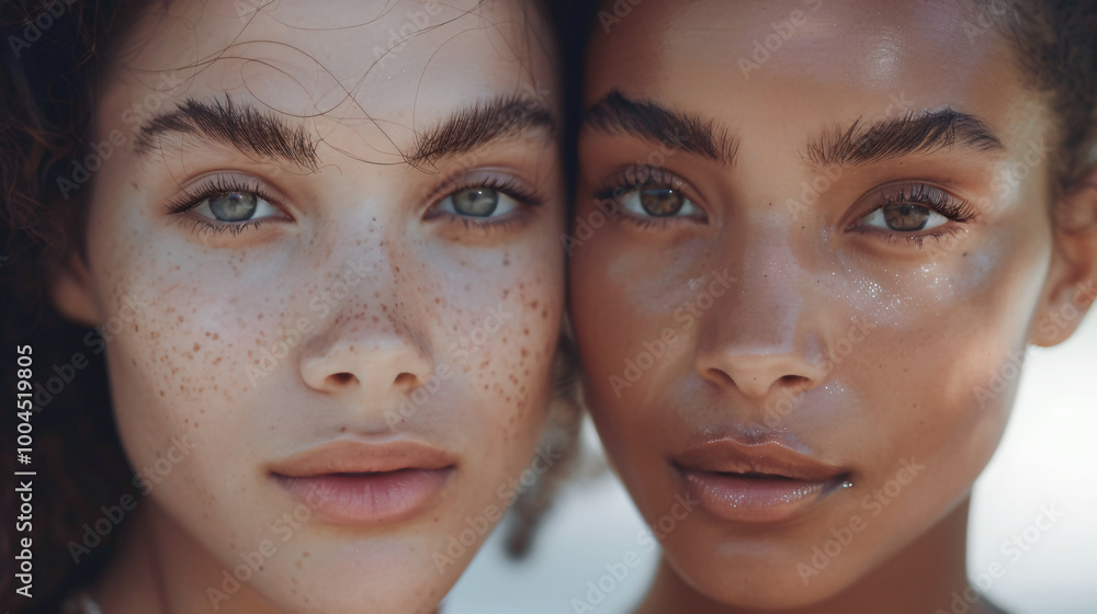 Two women, one with freckles and the other with smooth skin, gaze directly at the camera. Generative AI. Two women, one with freckles and the other with smooth skin, gaze directly at the camera. Generative AI.