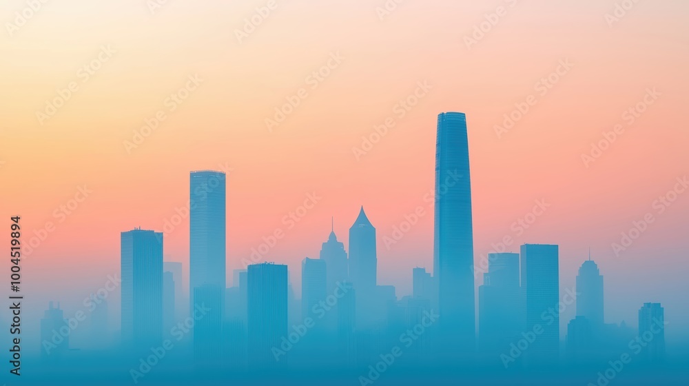 Urban Skyline at Dawn with Misty Haze Effect Urban Skyline at Dawn with Misty Haze Effect