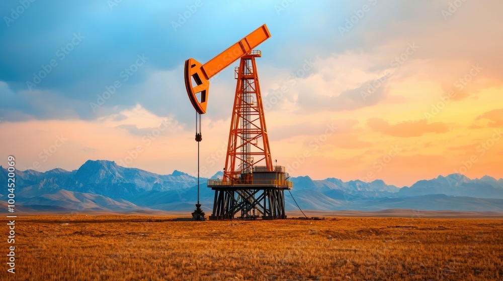Fototapeta premium Vibrant Oil Pump Against Mountain Sunset Landscape