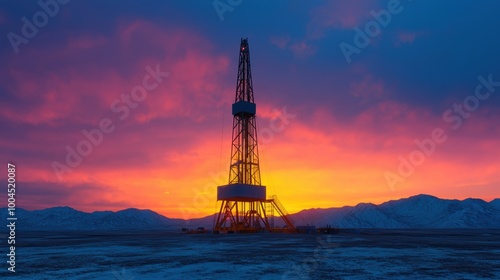 Sunrise Over Oil Rig in Winter Landscape