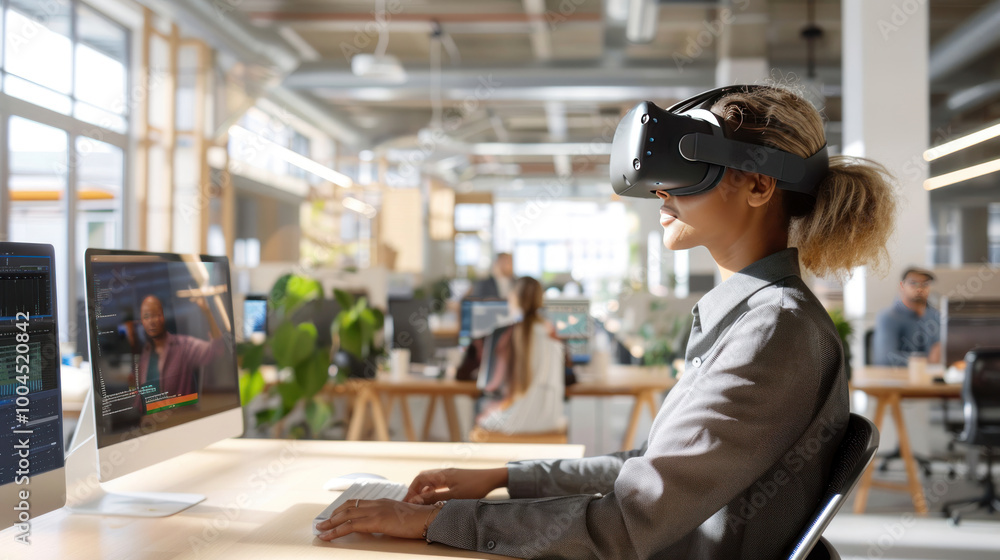 A modern workplace for the creative industry where virtual reality, digital media hubs, and flexible seating inspire innovation and collaboration. A modern workplace for the creative industry where virtual reality, digital media hubs, and flexible seating inspire innovation and collaboration.