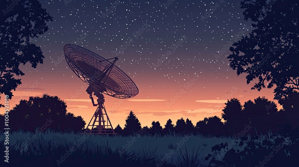 A large satellite dish against a backdrop of a starry sky at sunset, surrounded by trees and grass. A large satellite dish against a backdrop of a starry sky at sunset, surrounded by trees and grass.