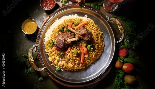 Beautifully adorned table showcases a generous serving of maqluba, with deliciously seasoned rice, succulent lamb, and fragrant spices photo