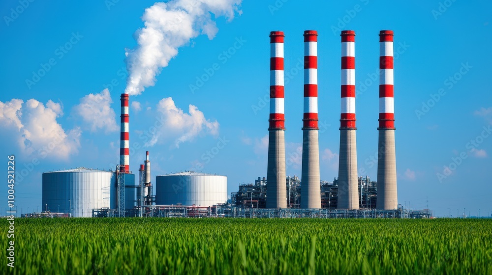 Industrial Power Plant with Chimneys and Green Field Industrial Power Plant with Chimneys and Green Field