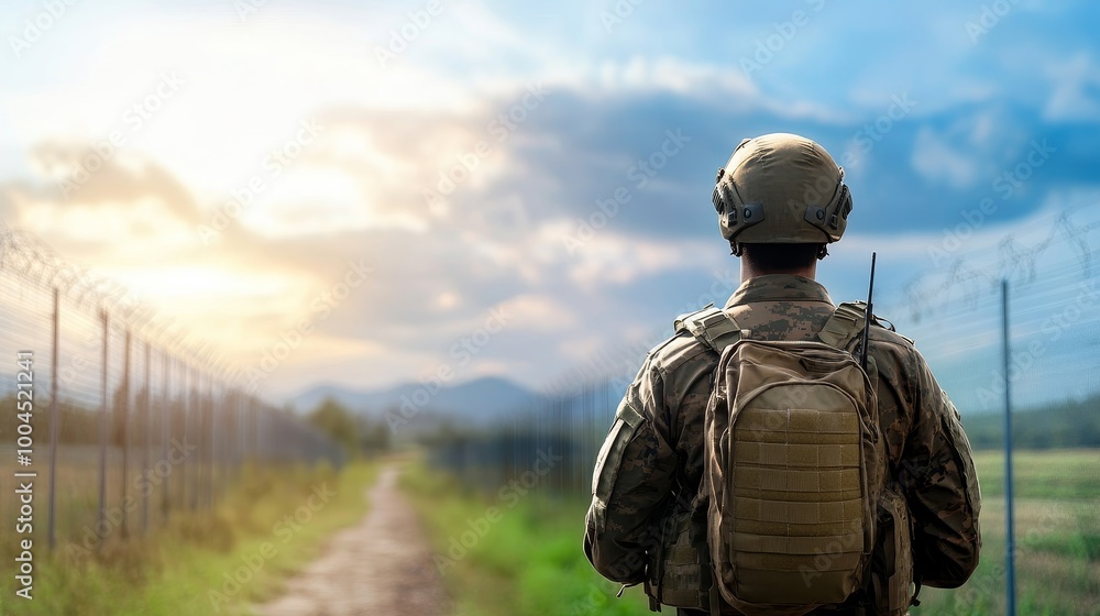 Soldier Walking Along Fenced Path at Sunset Soldier Walking Along Fenced Path at Sunset