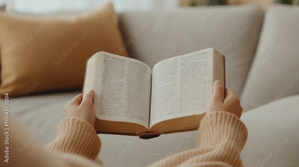 Fototapeta premium Close to the camera, a woman's hands hold an open Bible as she shares a peaceful reading moment with her mother beside her on the couch