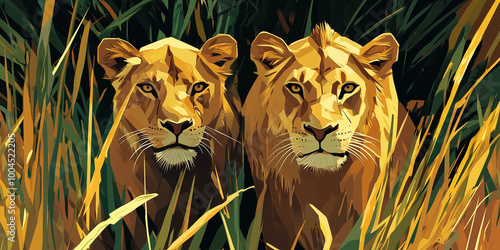 Lions stalk through tall grass, their ears forward, alert and focused on their prey, animal illustration photo