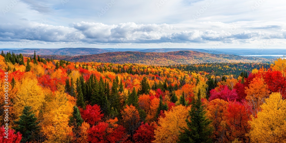 Fototapeta premium A vibrant landscape showcasing autumn colors with red, orange, and yellow leaves against a backdrop of hills and cloudy skies.