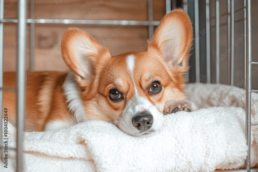 Cozy Close-Up of Brown and White Dog on Fluffy White Blanket in Cage - Tranquil Pet Resting Spot Cozy Close-Up of Brown and White Dog on Fluffy White Blanket in Cage - Tranquil Pet Resting Spot