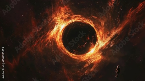 A lone astronaut floats in space, gazing at a fiery black hole in the distance. The black hole is surrounded by swirling, glowing gas.