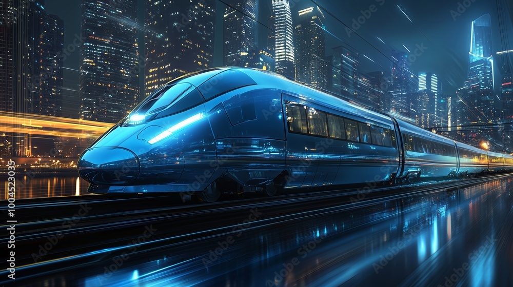 Futuristic high-speed train gliding through a vibrant cityscape at night with illuminated skyscrapers in the background Futuristic high-speed train gliding through a vibrant cityscape at night with illuminated skyscrapers in the background