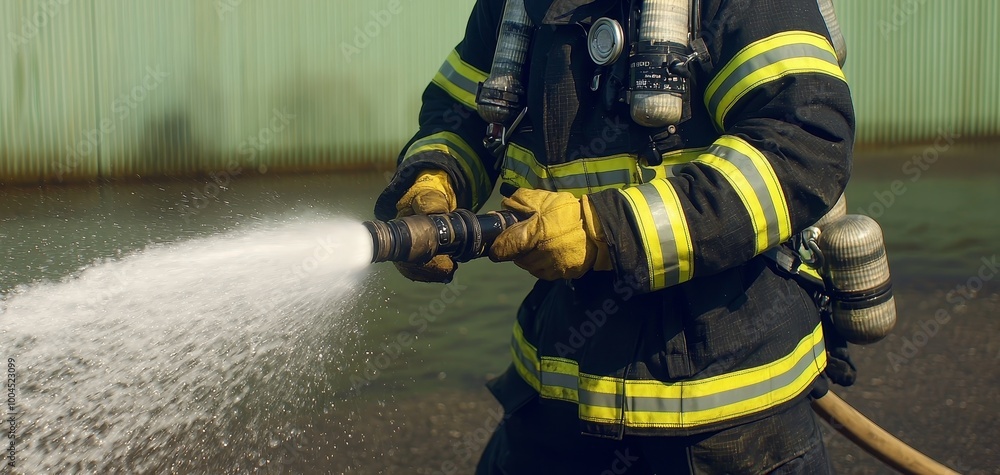 Intense Firefighter - Close-up of Heroic Fireman Holding Hose, Spraying Water Against Metal Wall - Action and Vigor in Emergency Response Scene Intense Firefighter - Close-up of Heroic Fireman Holding Hose, Spraying Water Against Metal Wall - Action and Vigor in Emergency Response Scene