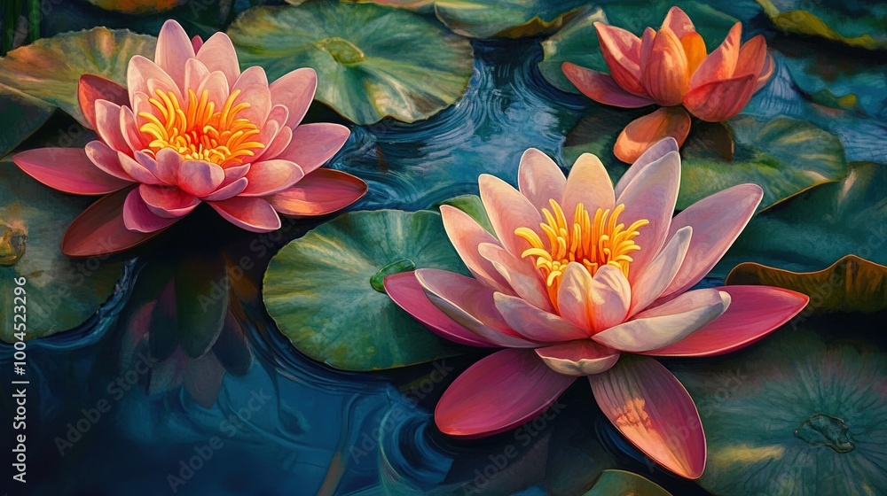 Beautiful water lilies on a serene pond surface. Beautiful water lilies on a serene pond surface.