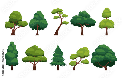 Collection of tree isolated on a white background. Each species of trees. A tree with green leaves. Nature or healthy lifestyle topics. Vector illustration flat design style