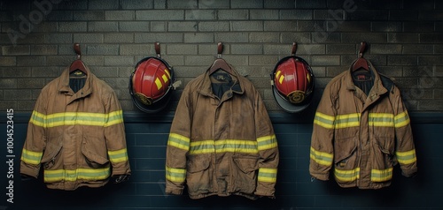 Symmetrical Composition of Firefighter Gear on Hooks Against Textured Brick Wall - Professional Safety Equipment Concept