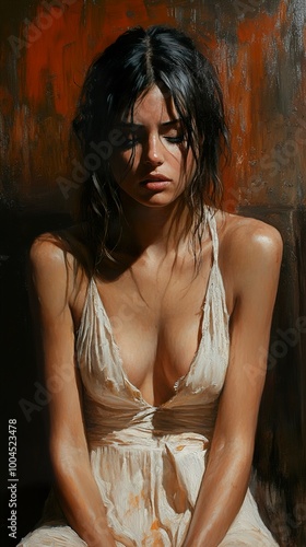 Pensive Woman in White Dress - Realistic Oil Painting