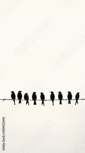 Birds perched on wire against a pale sky, minimalist nature scene