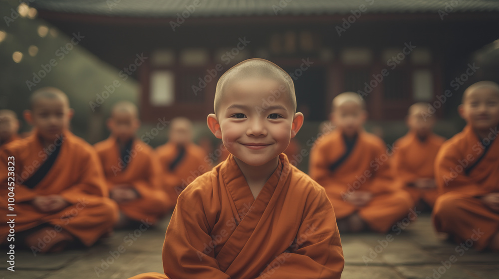 A group of young boys wearing orange robes are sitting in a circle A group of young boys wearing orange robes are sitting in a circle