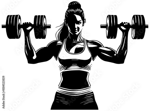 Illustration in black of a female bodybuilder lifting weights, isolated 