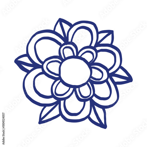 Flower sketch. Hand drawn vector illustration. Blue pen or marker drawing. Primitive kids picture