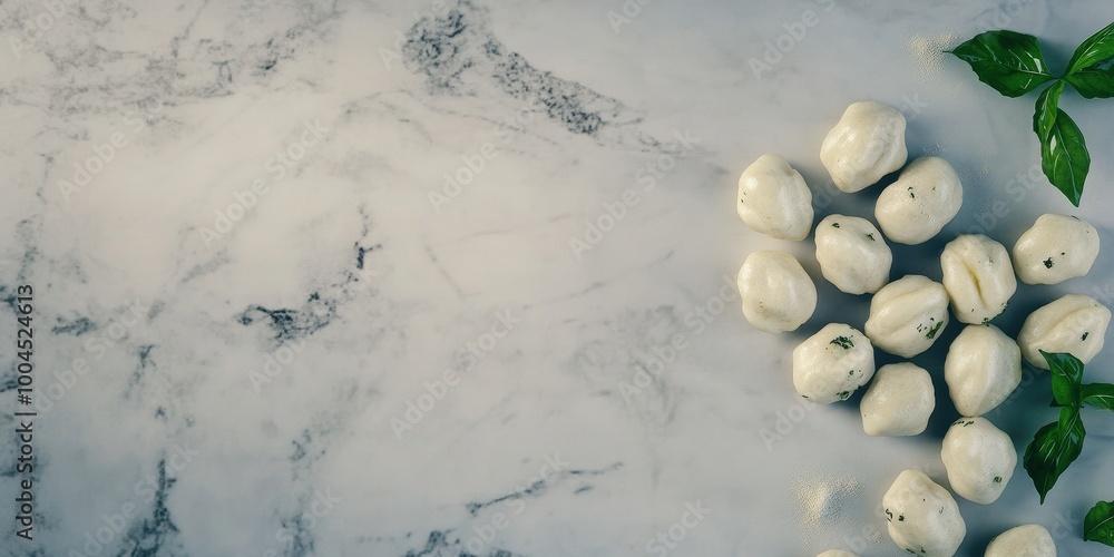 Fresh Mozzarella Balls on Marble Surface with Basil Fresh Mozzarella Balls on Marble Surface with Basil