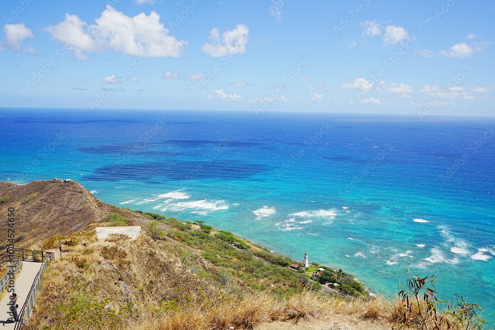 View of Honolulu Hawaii from the Summit of Diamond Head Crater in USA - アメリカ ダイヤモンドヘッド頂上からのホノルル ビーチの風景