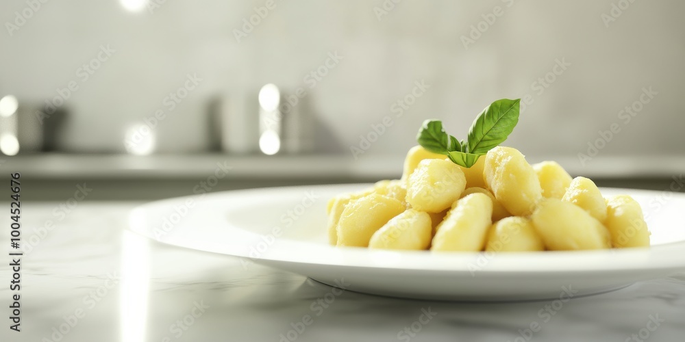 Plated Gnocchi with Fresh Basil on Marble Table Plated Gnocchi with Fresh Basil on Marble Table