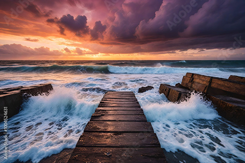 Dramatic sky over a sea storm on the coast with a wooden pontoon. photo