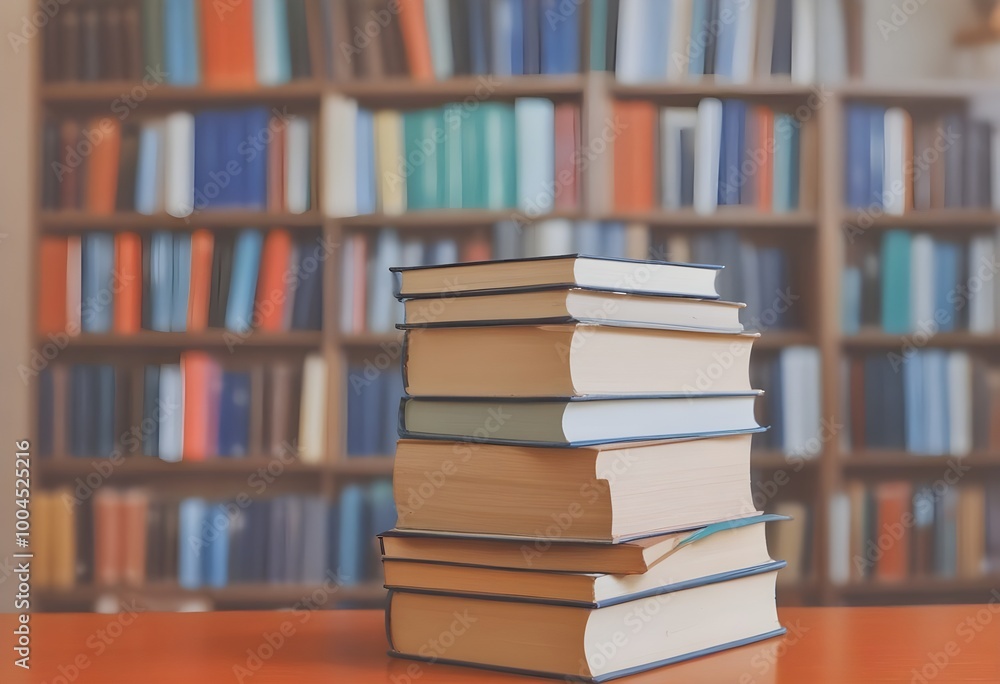 A stack of books on a table in front of a bookshelf A stack of books on a table in front of a bookshelf