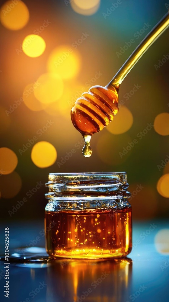 A golden honey jar with a dripping honey dipper, surrounded by a warm, blurred background of light. Perfect for food and wellness themes. A golden honey jar with a dripping honey dipper, surrounded by a warm, blurred background of light. Perfect for food and wellness themes.