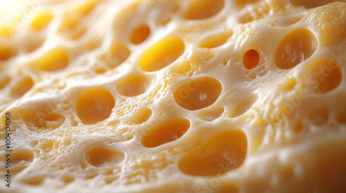 Macro View of Swiss Cheese: Smooth Surface with Large Holes and Glossy Edges Capturing Light