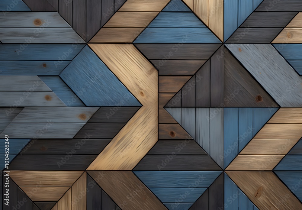 Fototapeta premium Geometric Wooden Wall Panel with Blue, Brown, and Gray Colors