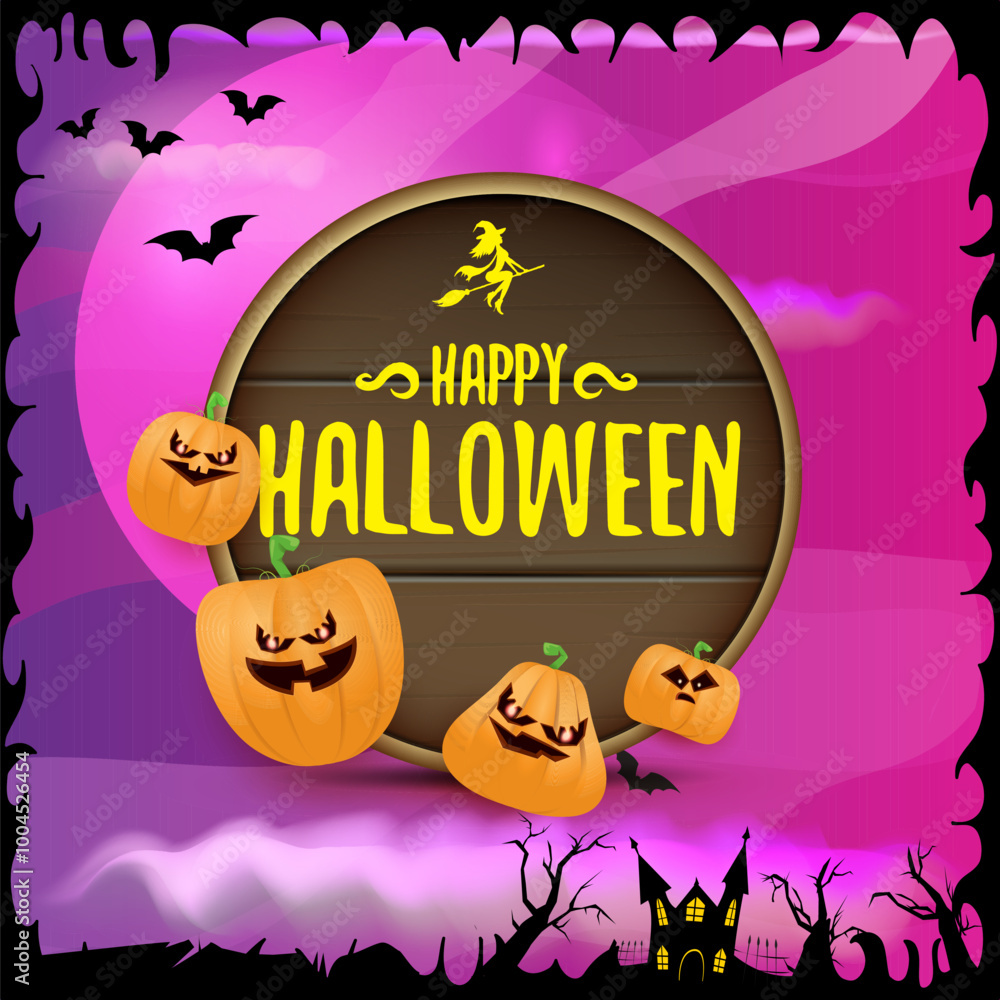 Happy Halloween banner with bats, cat, castle, graveyard and Halloween scary pumpkins isolated on spooky night background . Funky kids Halloween banner with greeting text Happy Halloween banner with bats, cat, castle, graveyard and Halloween scary pumpkins isolated on spooky night background . Funky kids Halloween banner with greeting text