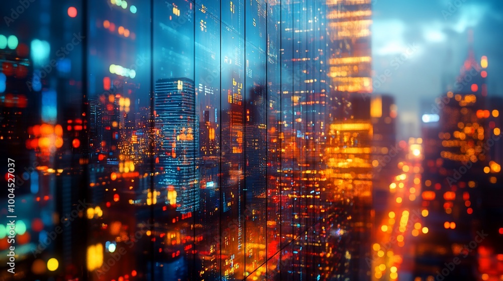 Cityscape reflected in a glass facade, showing urban lights and digital data. Cityscape reflected in a glass facade, showing urban lights and digital data.
