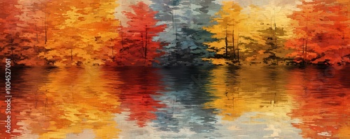 A vivid landscape featuring colorful autumn trees reflecting in calm water, creating a serene and tranquil scene.