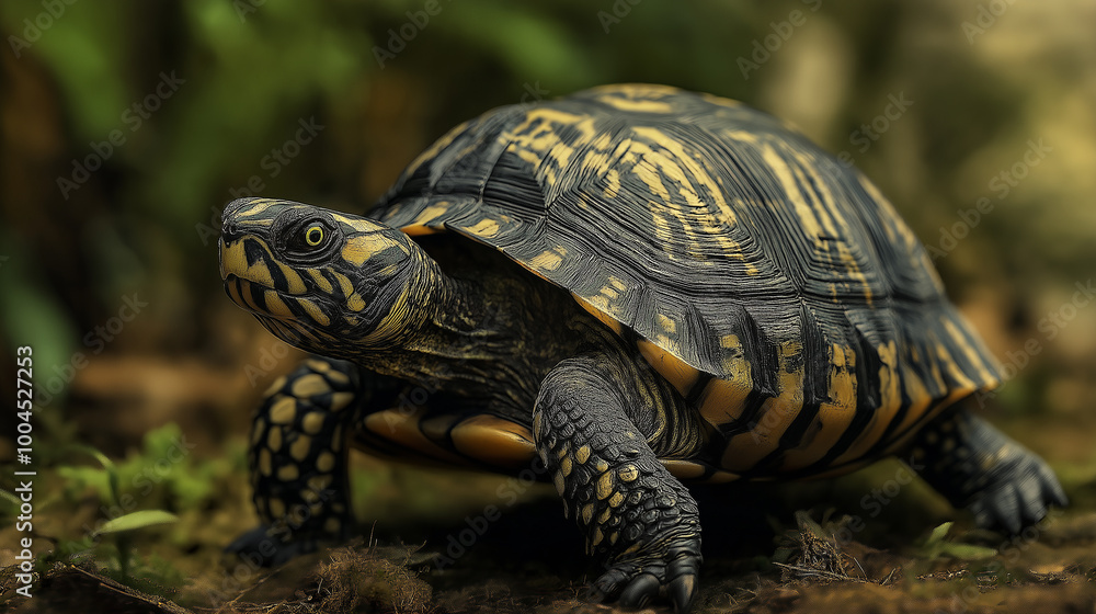 Black and yellow turtle walking in the forest Black and yellow turtle walking in the forest