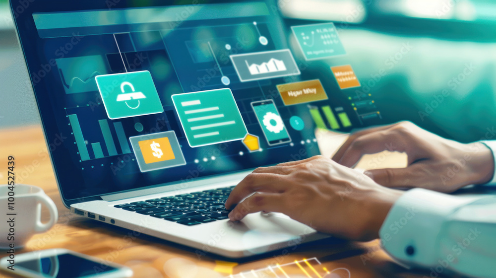 A person using an online banking platform, transferring money, paying bills, and managing accounts with ease from a laptop. A person using an online banking platform, transferring money, paying bills, and managing accounts with ease from a laptop.