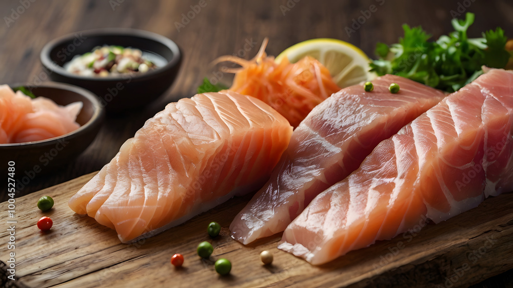Raw salmon fillet with wasabi on a wooden board Raw salmon fillet with wasabi on a wooden board