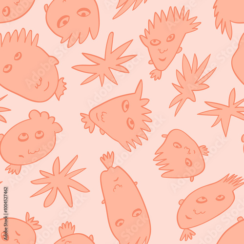 Seamless background with funny faces of anthropomorphic creatures. Humorous characters with different emotions