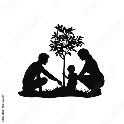 Gardening silhouette of family mom dad son plant a tree