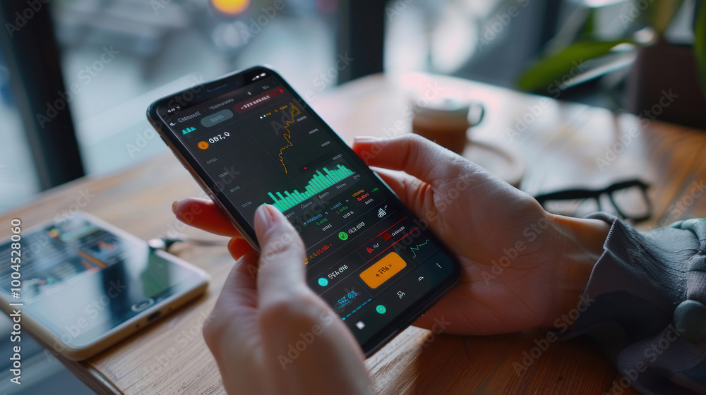A person using a mobile app to invest in cryptocurrency, with visual charts showing market trends, price volatility, and portfolio growth. A person using a mobile app to invest in cryptocurrency, with visual charts showing market trends, price volatility, and portfolio growth.