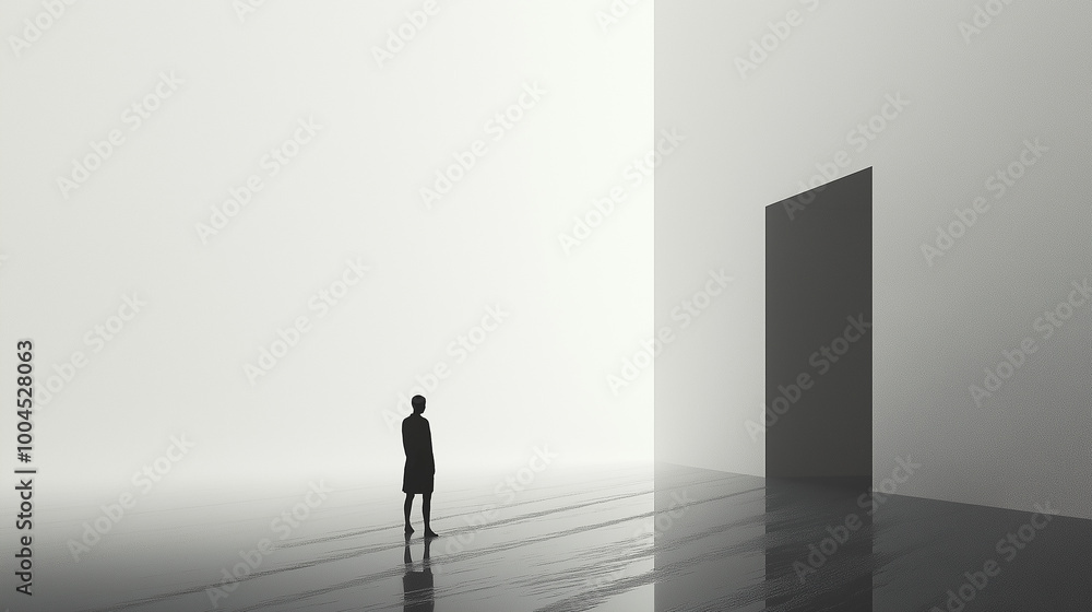 Businessman standing in empty room looking at large doorway Businessman standing in empty room looking at large doorway