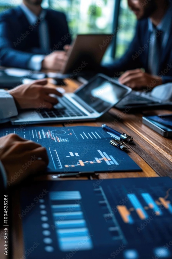 Business meeting with data analysis, graphs, and technology, showcasing teamwork and strategy in a modern office setting. Business meeting with data analysis, graphs, and technology, showcasing teamwork and strategy in a modern office setting.