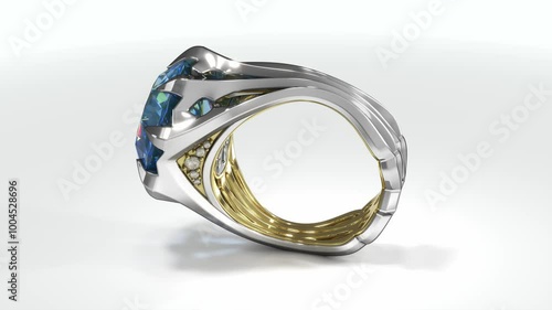 Gold gothic ring with blue gemstone and diamonds slowly falls on white background. 3d animation