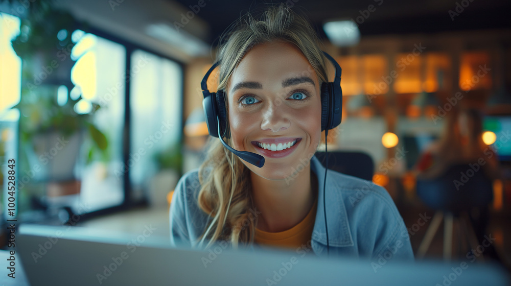 Smiling Caucasian woman with headset in a modern call center.
Smiling Caucasian woman with headset in a modern call center.